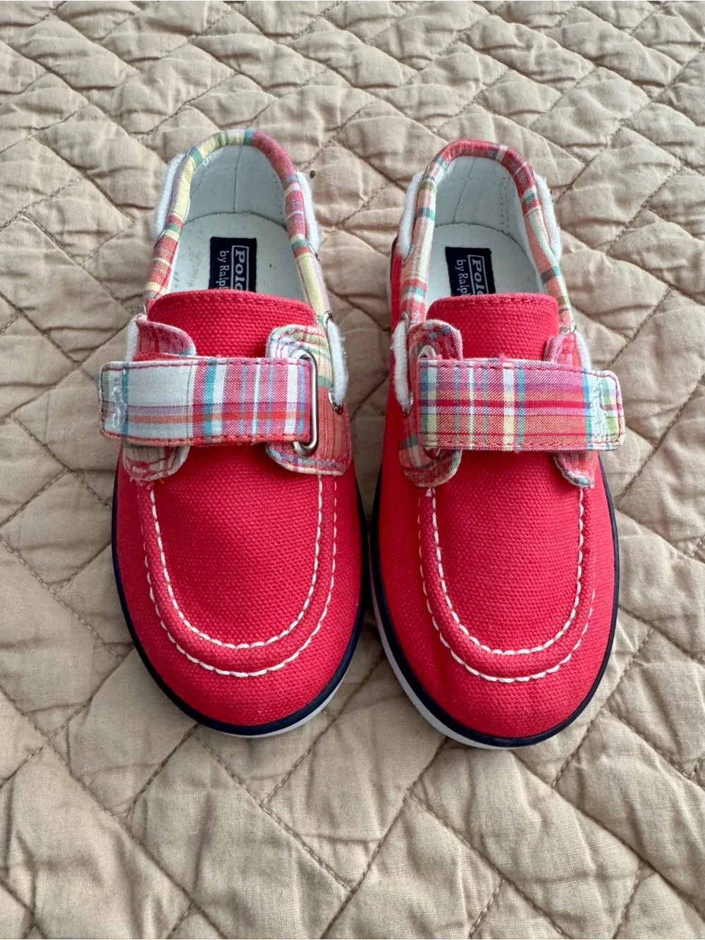 Little Kids Polo Ralph Lauren Pink Canvas Boat Shoe with Plaid Strap